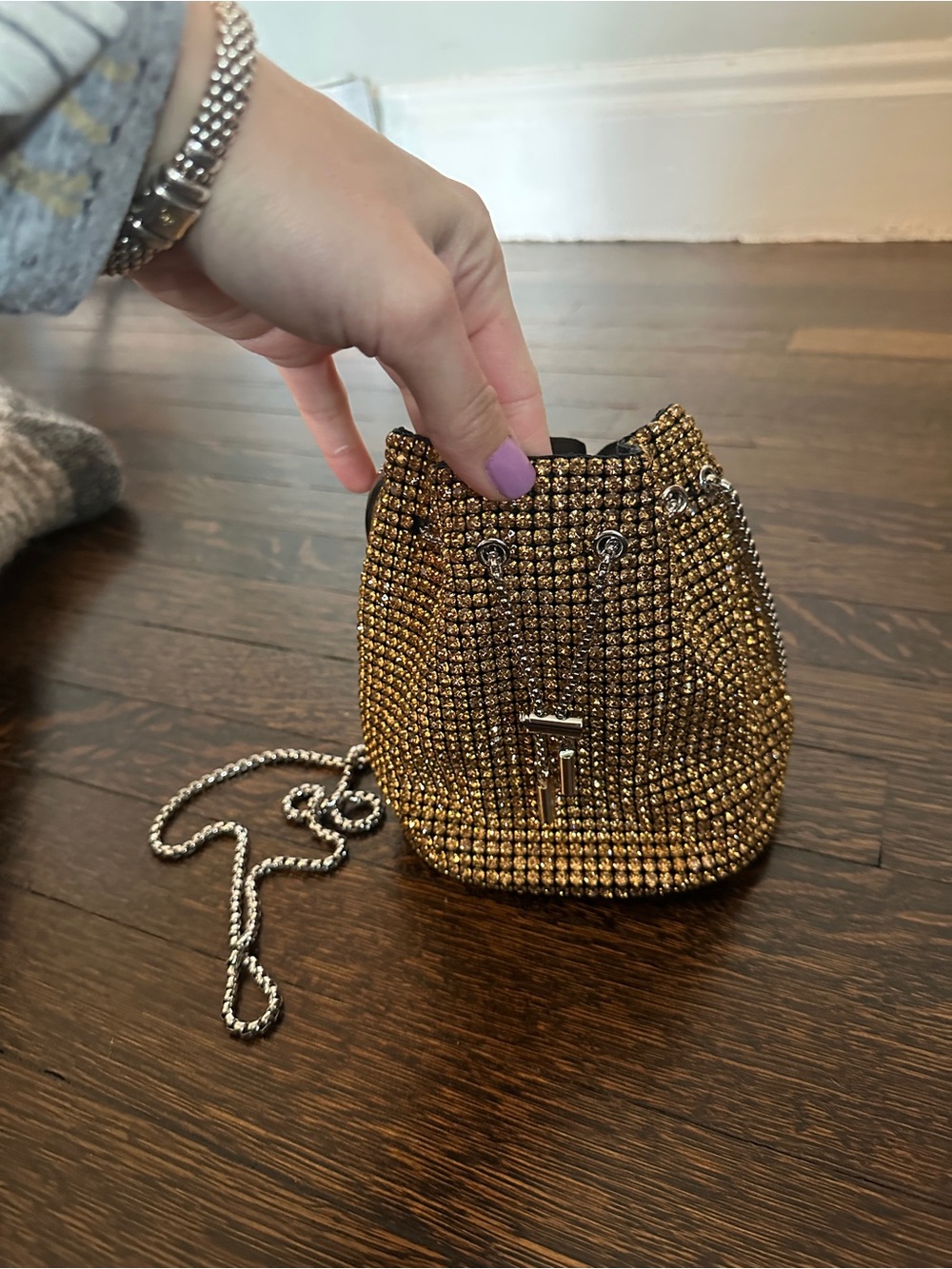 Gold Crystal Drawstring Crossbody Bag